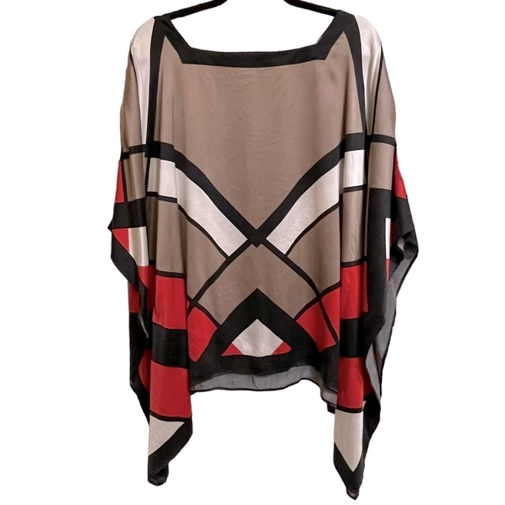 Black Label by Chico's Silk Geometric Print Square Neck Kaftan Top Size L/XL